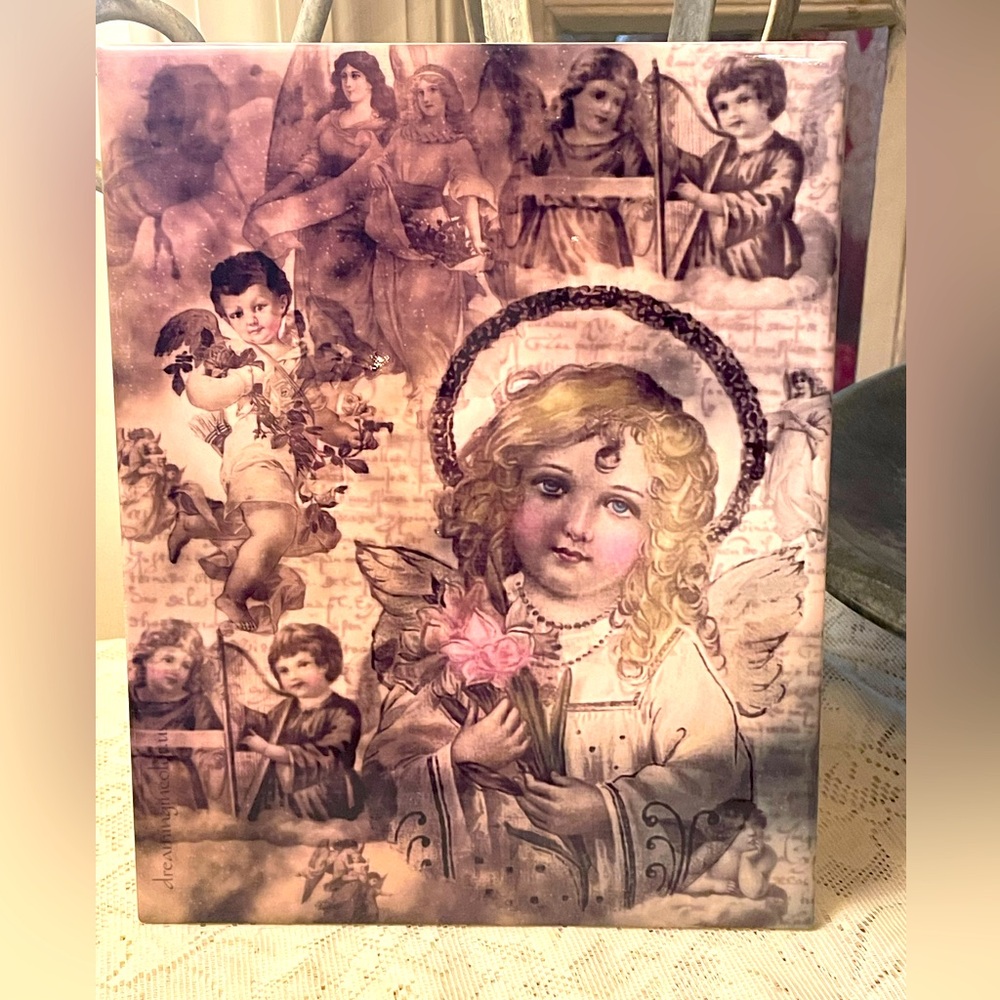 Cherub And Angel Ceramic Art Tile 10” x 8” Made In Mexico High Glaze Pristine